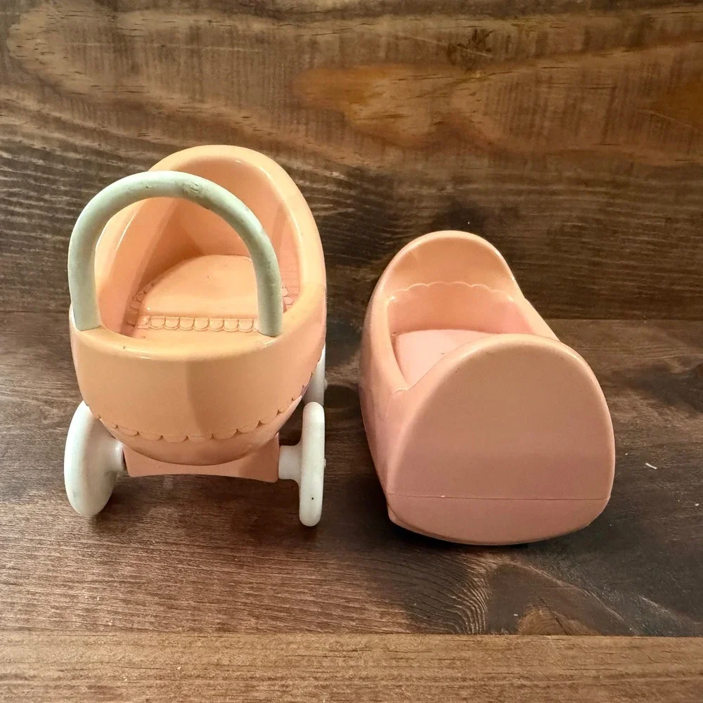 Vintage Little Tikes Pink Dollhouse Furniture Baby Carriage and Cradle Set